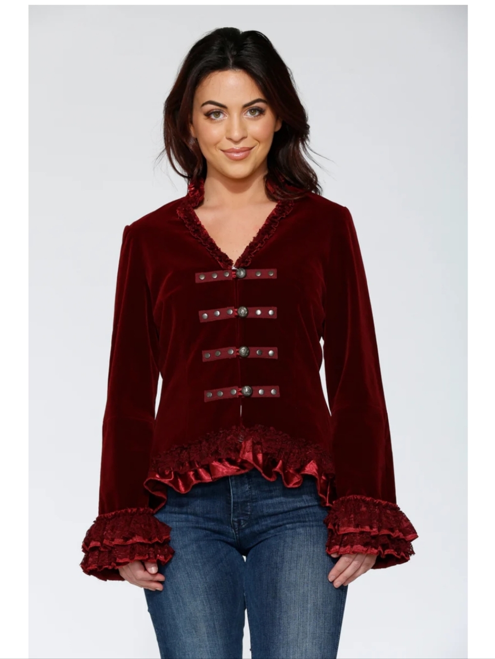 NWT Orchid Bloom Velvet Ruffle-Trim Military Jacket - Wine Red